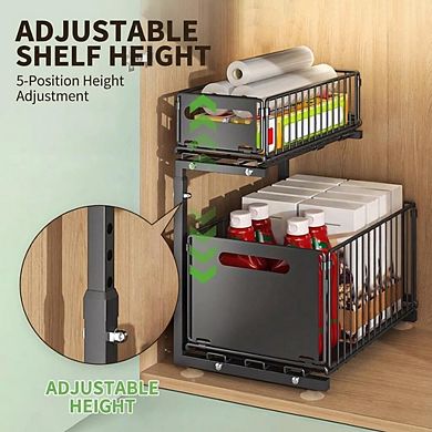 2-Tier Adjustable Under Sink Organizer with Pull-Out Drawers,with Hooks, Height Adjustable