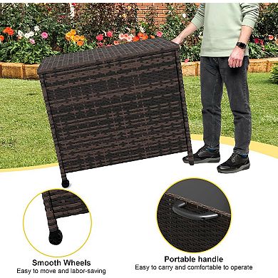 Wicker Deck Box - Outdoor Storage Bench with Wheels & Lid, Waterproof Rattan Patio Storage Bin