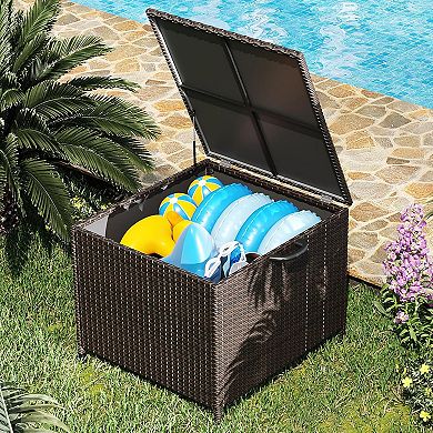 Wicker Deck Box - Outdoor Storage Bench with Wheels & Lid, Waterproof Rattan Patio Storage Bin