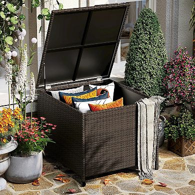 Wicker Deck Box - Outdoor Storage Bench with Wheels & Lid, Waterproof Rattan Patio Storage Bin
