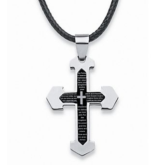 PalmBeach Jewelry Men's Lord's Prayer Cross Pendant and Fabric Cord in Stainless Steel