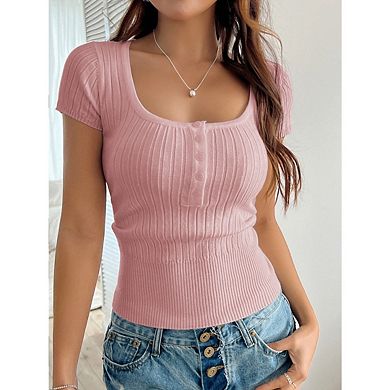 Womens Tops Short Sleeve Shirts Ribbed Knit Square Neck Tshirt Casual Basic Slim Tee