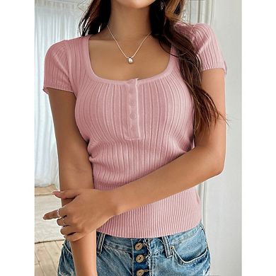 Womens Tops Short Sleeve Shirts Ribbed Knit Square Neck Tshirt Casual Basic Slim Tee