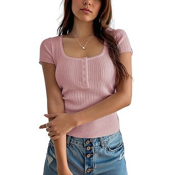 Womens Tops Short Sleeve Shirts Ribbed Knit Square Neck Tshirt Casual Basic Slim Tee