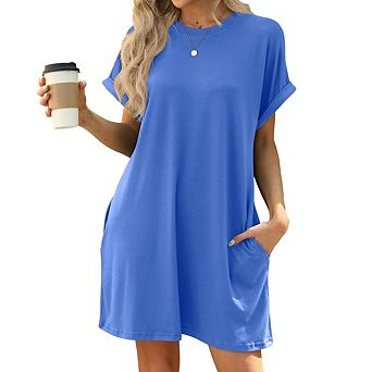 Women's Summer Classic Crew Neck Pocket Dress Loose Short Sleeve Versatile Casual Comfort Dress