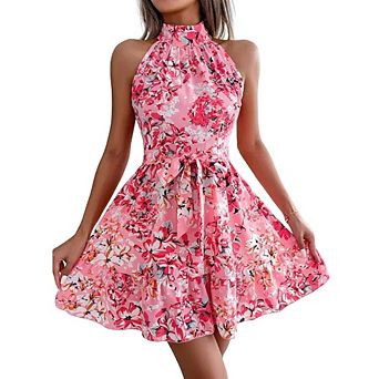 Women's Summer Fresh Floral Print Halter Neck Sleeveless Waisted Dress with Waist Tie Design