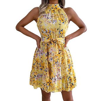 Women's Summer Fresh Floral Print Halter Neck Sleeveless Waisted Dress with Waist Tie Design