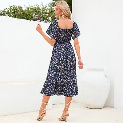 maternity one-shoulder short sleeve full length dress Maternity Summer Square Neck Fresh Floral Dress One-Shoulder Elastic Waist Short Sleeve Midi Dress