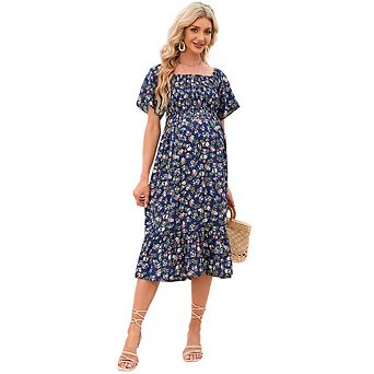 Maternity Summer Square Neck Fresh Floral Dress One-Shoulder Elastic Waist Short Sleeve Midi Dress