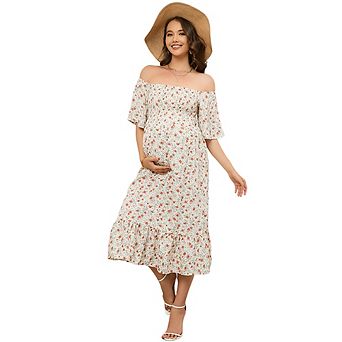Maternity Summer Square Neck Fresh Floral Dress One-Shoulder Elastic Waist Short Sleeve Midi Dress