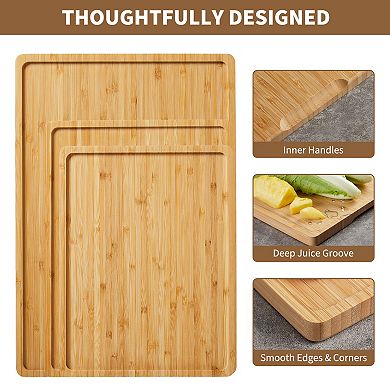 Bamboo Wood Cutting Boards Set of 3 with Holder - Kitchen Chopping Boards