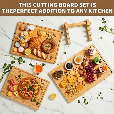 Bamboo Wood Cutting Boards Set of 3 with Holder - Kitchen Chopping Boards