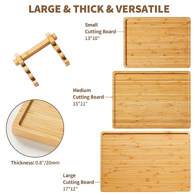 Bamboo Wood Cutting Boards Set of 3 with Holder - Kitchen Chopping Boards