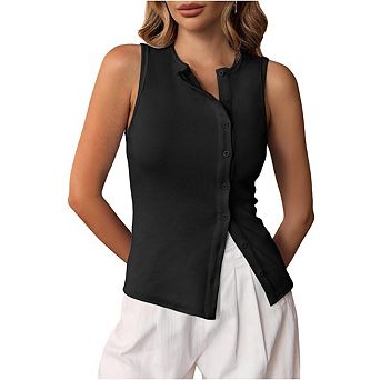 Women Button Down Knitted Vest Ribbed Button Up Open Front Knit Shirt Sleeveless Slim Fit Top