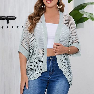 Women's Plus Size Hollow Out Asymmetrical Hem Cardigan Open Front Short Sleeve Lightweight Sweater