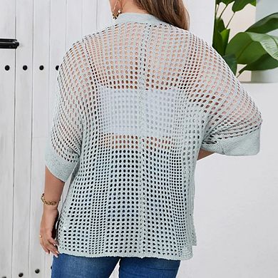 Women's Plus Size Hollow Out Asymmetrical Hem Cardigan Open Front Short Sleeve Lightweight Sweater