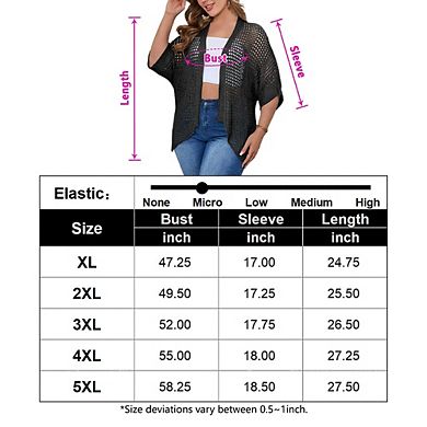 Women's Plus Size Hollow Out Asymmetrical Hem Cardigan Open Front Short Sleeve Lightweight Sweater