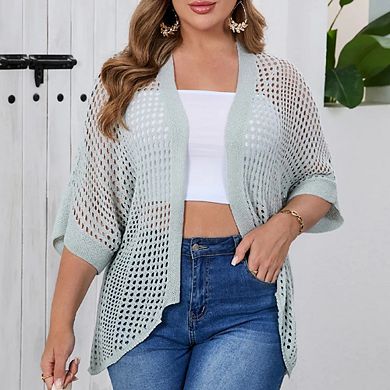 Women's Plus Size Hollow Out Asymmetrical Hem Cardigan Open Front Short Sleeve Lightweight Sweater