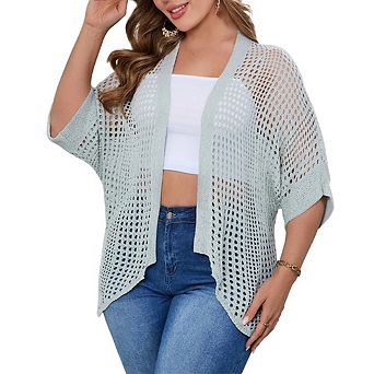 Women's Plus Size Hollow Out Asymmetrical Hem Cardigan Open Front Short Sleeve Lightweight Sweater