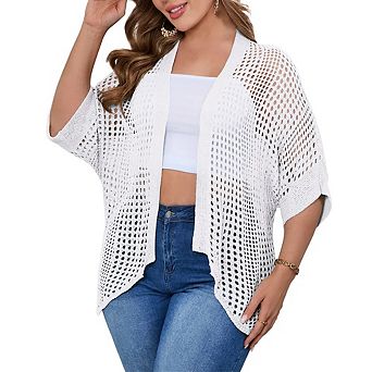 Women's Plus Size Hollow Out Asymmetrical Hem Cardigan Open Front Short Sleeve Lightweight Sweater