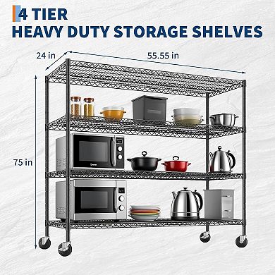 4 Tier Heavy Duty Wire Shelving with Wheels, Adjustable Metal Storage Rack, Industrial Shelves