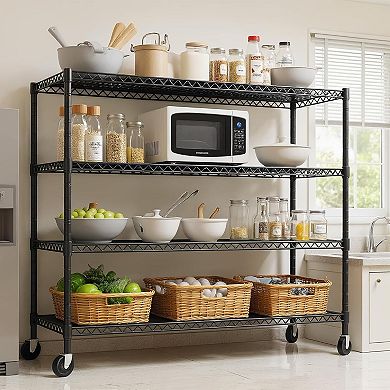 4 Tier Heavy Duty Wire Shelving with Wheels, Adjustable Metal Storage Rack, Industrial Shelves