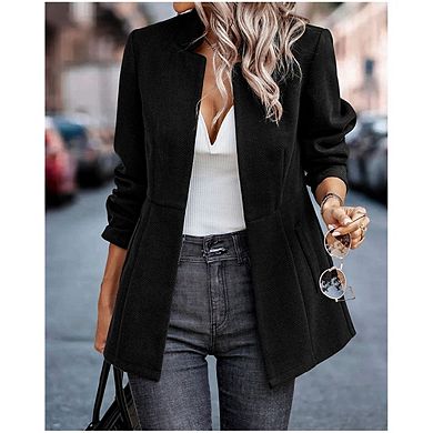 Women’s Open Front Herringbone Blazer-Business Casual Long Sleeve Work Jacket with Full Lining