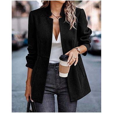 Women’s Open Front Herringbone Blazer-Business Casual Long Sleeve Work Jacket with Full Lining