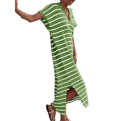 loose sheath dress Womens Striped Maxi Sheath Dresses Short Sleeve V Neck Collared Slit Loose Shirt Dress
