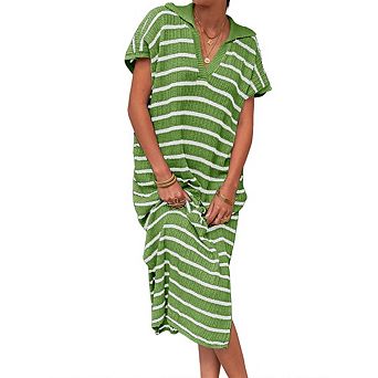 Womens Striped Maxi Sheath Dresses Short Sleeve V Neck Collared Slit Loose Shirt Dress