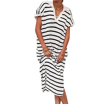 Womens Striped Maxi Sheath Dresses Short Sleeve V Neck Collared Slit Loose Shirt Dress