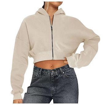 Zip Up Hoodie Women Cropped Casual Sweatshirts Workout Long Sleeve Drawstring Hooded Jacket Crop Top