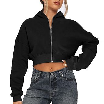 Zip Up Hoodie Women Cropped Casual Sweatshirts Workout Long Sleeve Drawstring Hooded Jacket Crop Top