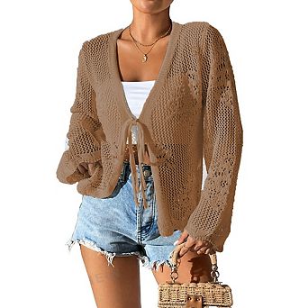 Womens Tie Front Lightweight Crochet Cardigan Shrugs Knit Cardigan Crop Tops Cover Up