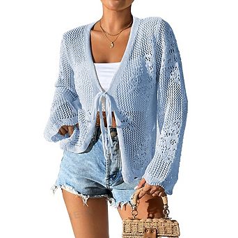 Womens Tie Front Lightweight Crochet Cardigan Shrugs Knit Cardigan Crop Tops Cover Up