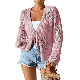 Womens Tie Front Lightweight Crochet Cardigan Shrugs Knit Cardigan Crop Tops Cover Up
