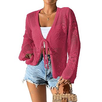 Womens Tie Front Lightweight Crochet Cardigan Shrugs Knit Cardigan Crop Tops Cover Up