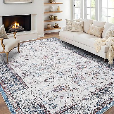 Vintage Washable Rug，Indoor Soft Oriental Floral Soft Rugs，Non Slip Low Pile