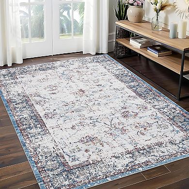 Vintage Washable Rug，Indoor Soft Oriental Floral Soft Rugs，Non Slip Low Pile