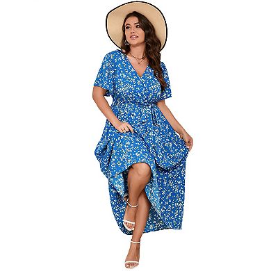 Plus Size Floral Maxi Dress - Wrap V-Neck Tiered Dress with Belt