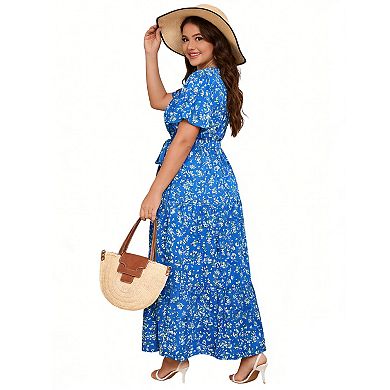 Plus Size Floral Maxi Dress - Wrap V-Neck Tiered Dress with Belt