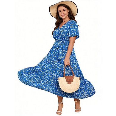 Plus Size Floral Maxi Dress - Wrap V-Neck Tiered Dress with Belt