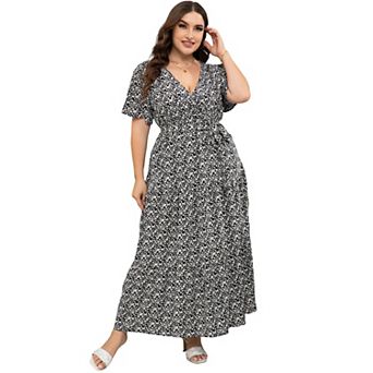 Plus Size Floral Maxi Dress - Wrap V-Neck Tiered Dress with Belt