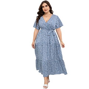 Plus Size Floral Maxi Dress - Wrap V-Neck Tiered Dress with Belt
