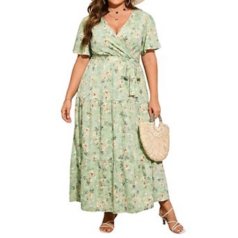 Plus Size Floral Maxi Dress - Wrap V-Neck Tiered Dress with Belt