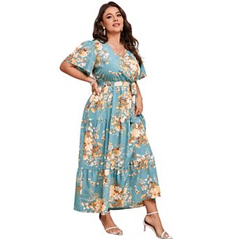 Plus Size Floral Maxi Dress - Wrap V-Neck Tiered Dress with Belt