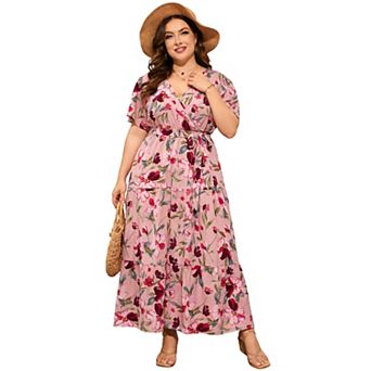 Plus Size Floral Maxi Dress - Wrap V-Neck Tiered Dress with Belt