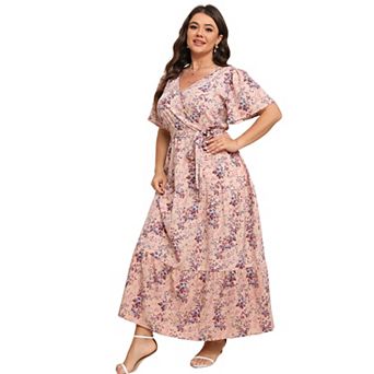 Plus Size Floral Maxi Dress - Wrap V-Neck Tiered Dress with Belt
