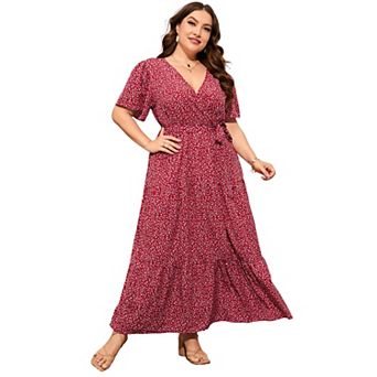 Plus Size Floral Maxi Dress - Wrap V-Neck Tiered Dress with Belt