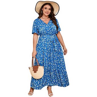Plus Size Floral Maxi Dress - Wrap V-Neck Tiered Dress with Belt